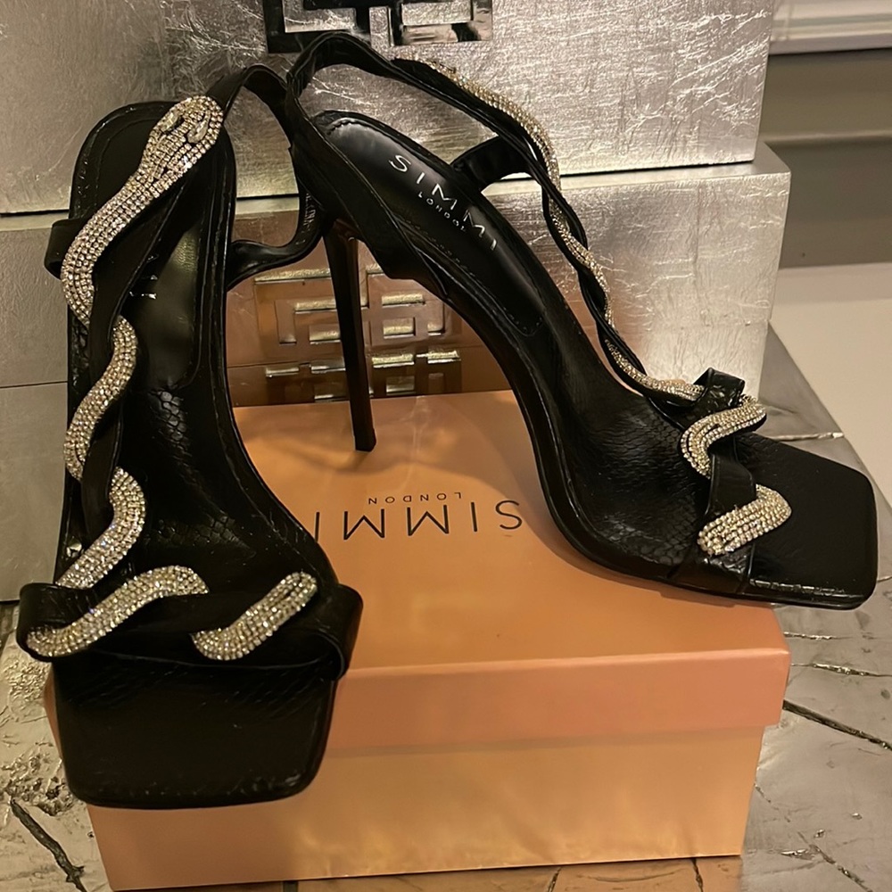 Simmi London Black snake diamond heels